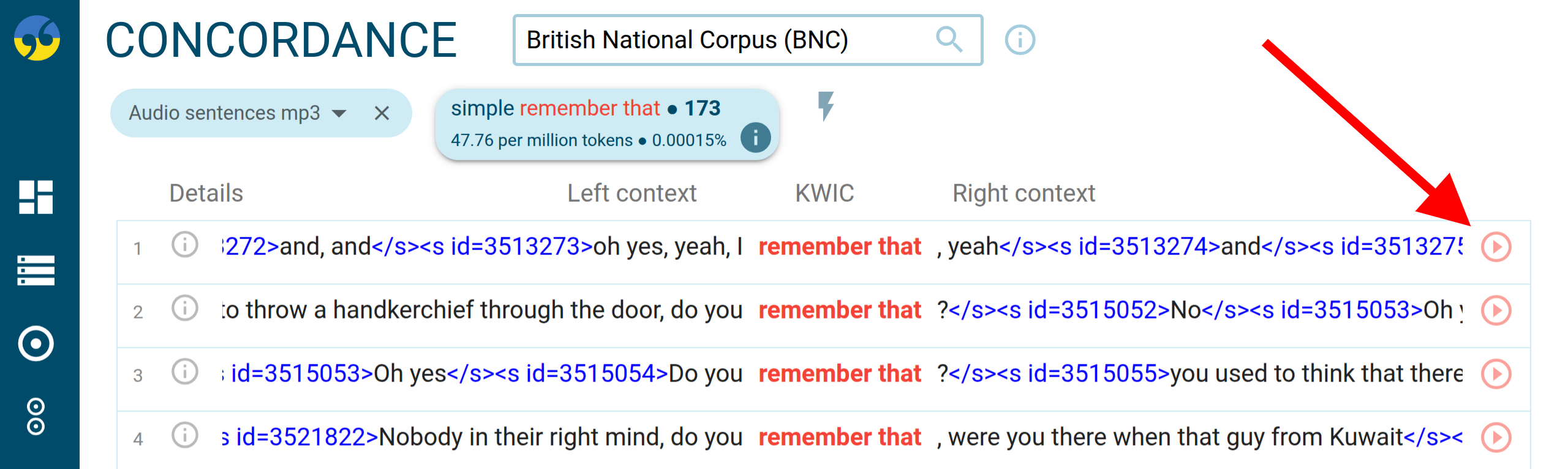 British National Corpus with audio -  concordance